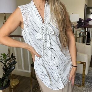 Jones New York White Black Sleeveless Polka Dot Tied Up Collar Blouse Top XL